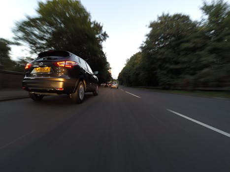 黄昏时，在林荫路上巡航的汽车动作模糊地被捕捉