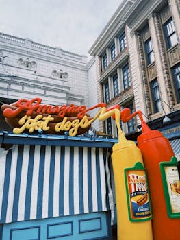 Colorful hot dog stand with playful signage and condiment bottles in an urban setting.