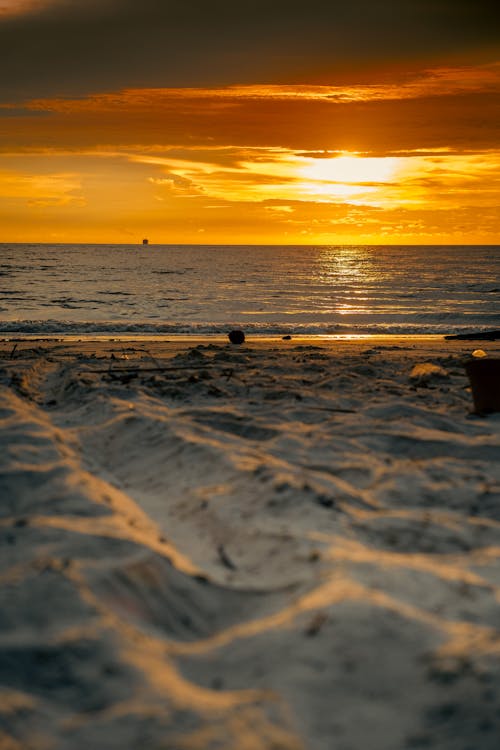 Golden Sunset Over the Sandy Ocean Beach