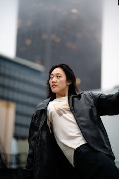 A young woman in a leather jacket poses in a modern cityscape, reflecting urban style.