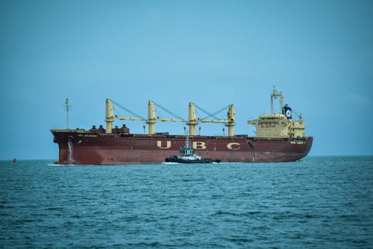 A cargo ship navigates the sea with a pilot boat in Veracruz, Mexico under a clear sky.