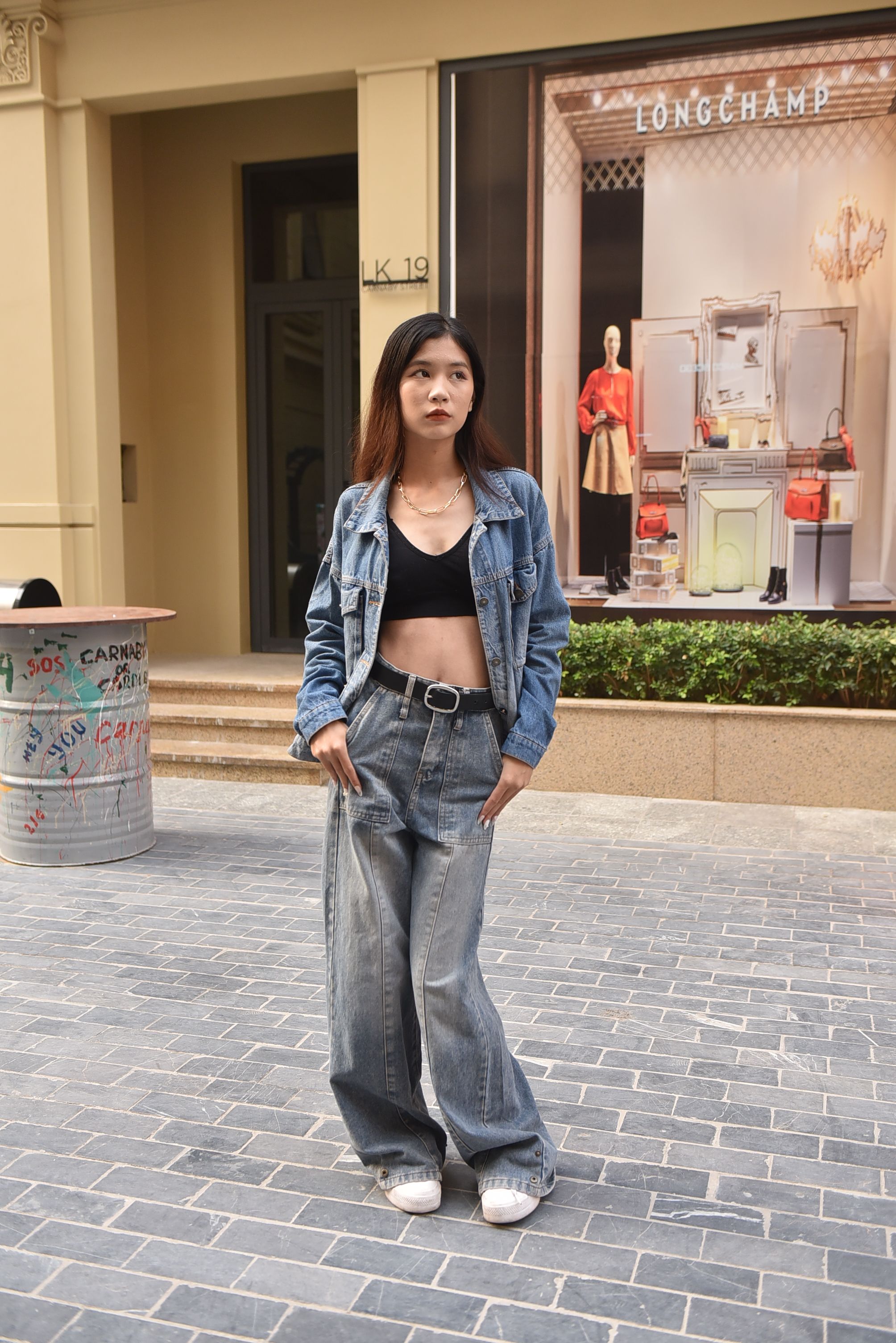 Denim jacket and trousers styled on a model
