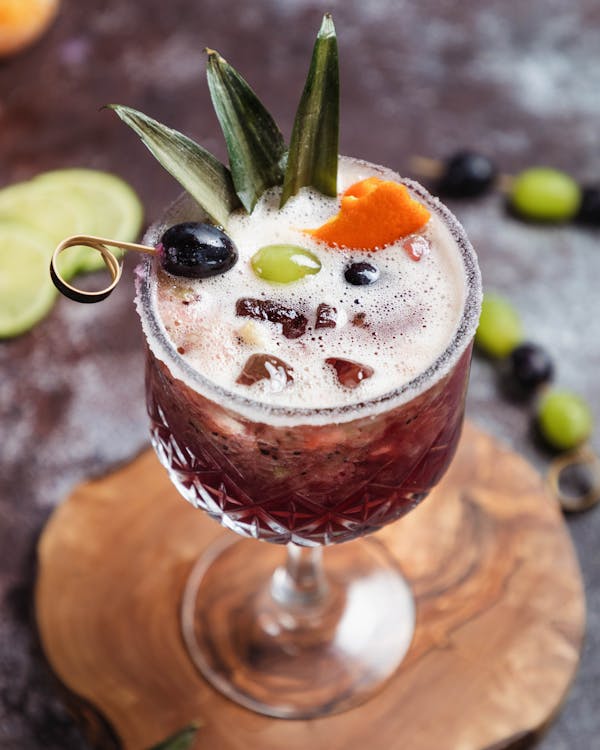 Red tropical cocktail. View from above. Close up.