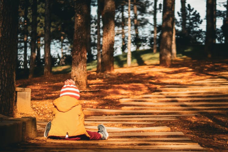 Back View Of A Child Sitting On Steps In A Park