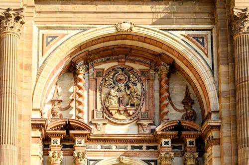 Close-up of Carved Details above the Entrance to the Malaga Cathedral, Malaga, Andalusia, Spain