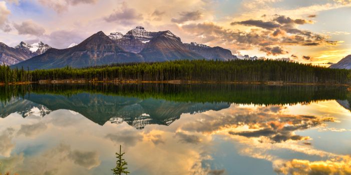 Captivating sunset reflection of Banff mountains and forest on a serene lake.