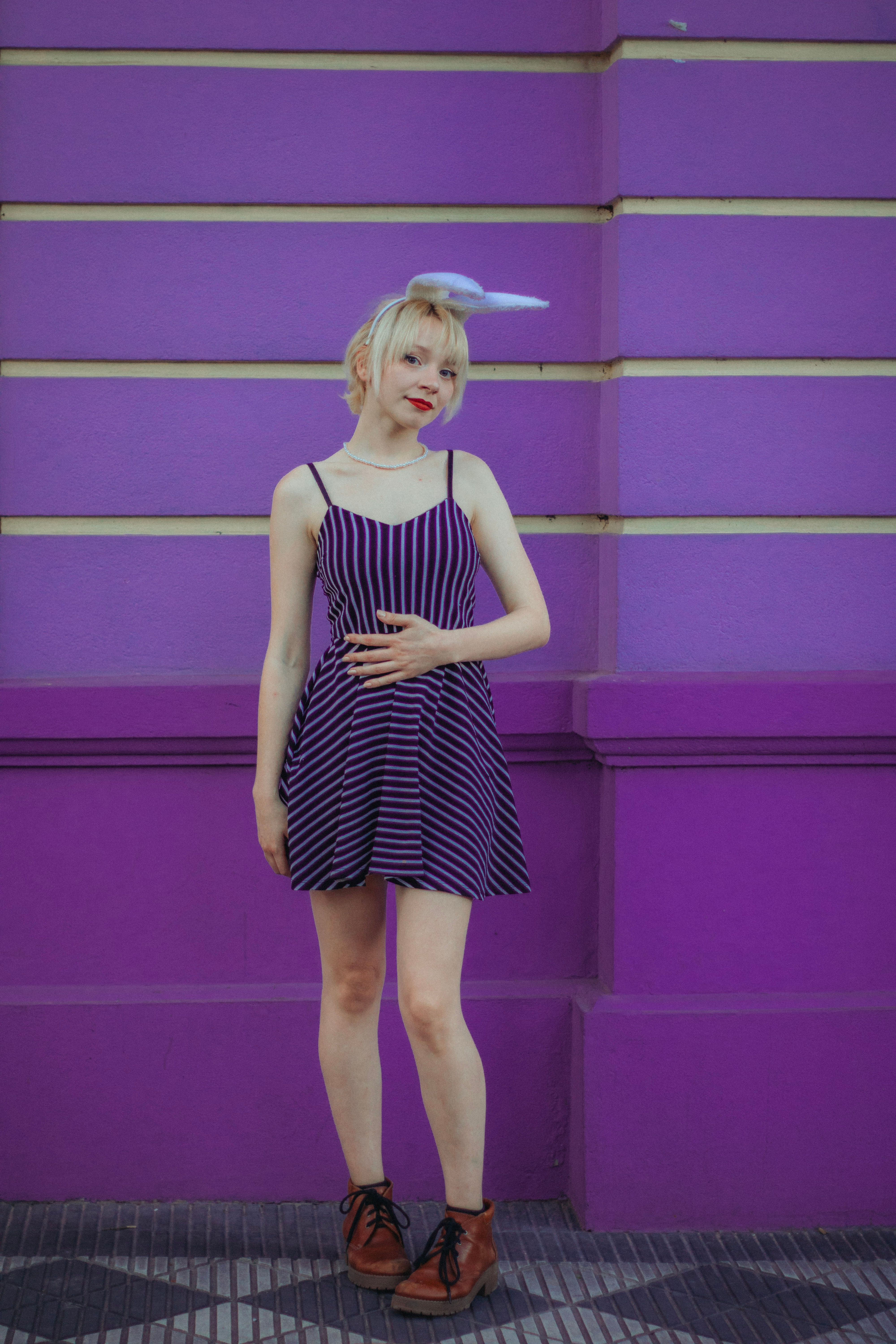 fitted lace wedding dress Punk Black and Purple Striped Knit Dress DW976 main image 0