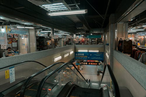 View of an Escalator and Stores in a Shopping Mall 