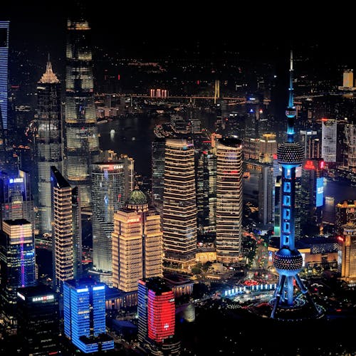 Drone Shot of Shanghai at Night 