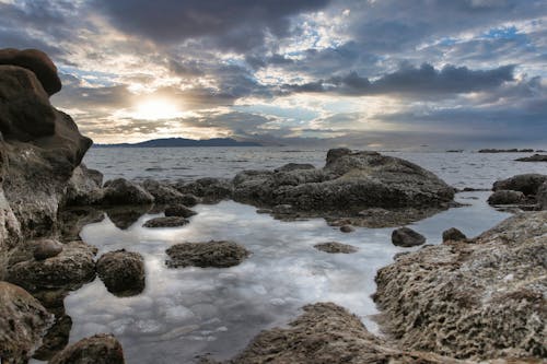 View of a Rocky Shore under a Cloudy Sunset Sky 