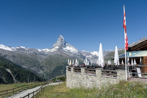 View Matterhorn in Alps and a Bar on the Border of Italy and Switzerland 