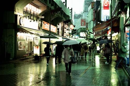 People Walking on a Street in City with Umbrellas 