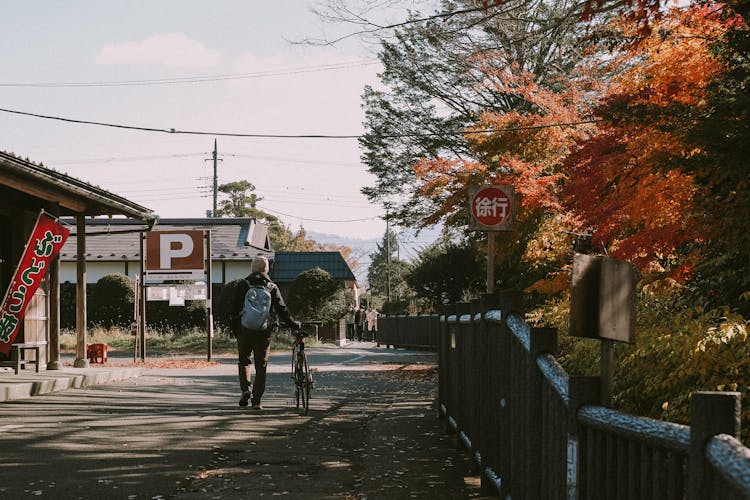 Man Leading Bike In Autumn