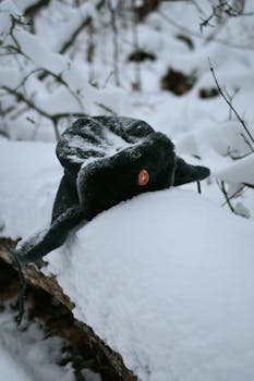 A warm ushanka hat with a star badge lies on a snow-covered log in the winter forest.