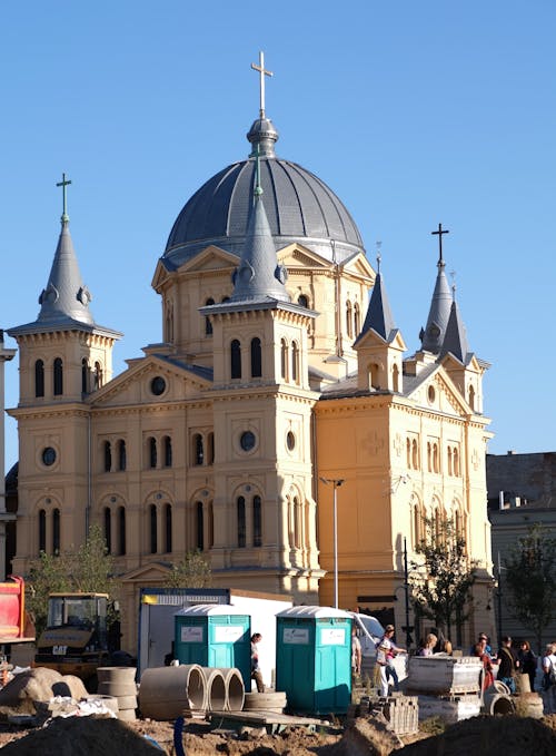 A large church with a dome and a clock tower