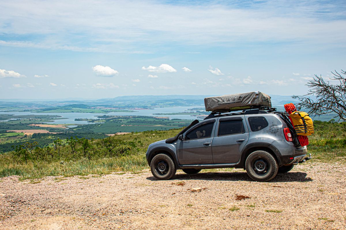 SUV with rooftop tent overlanding setup