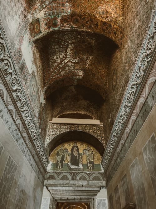 Free Explore the rich art and history of Hagia Sophia with this captivating image of its mosaic-adorned hallway. Stock Photo
