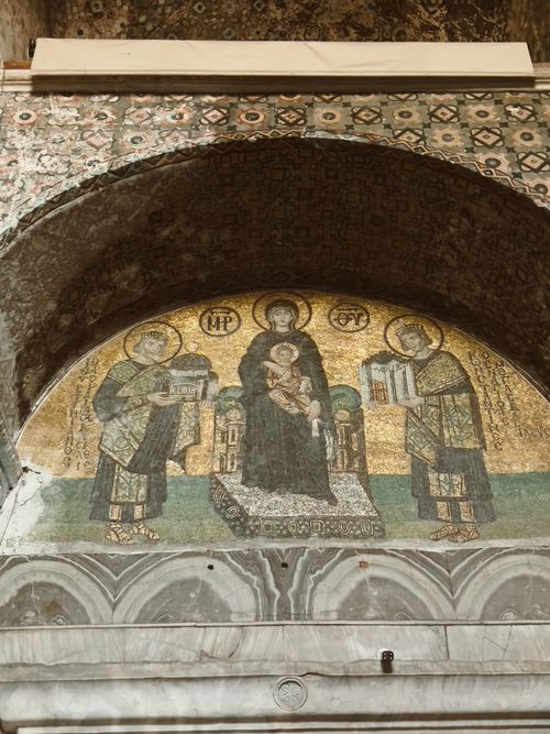 Free Intricate mosaic depicting religious figures inside Hagia Sophia, Istanbul. Stock Photo