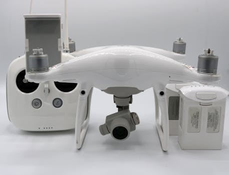 A white drone alongside its controller and batteries, showcasing modern technology on a white background.