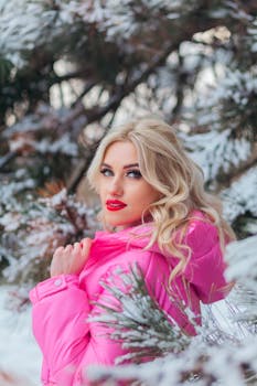 Blonde woman in a pink jacket poses amidst snowy trees in Salzburg, Austria.