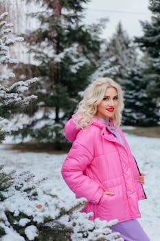 Woman in pink coat enjoying a snowy winter day in a London park.