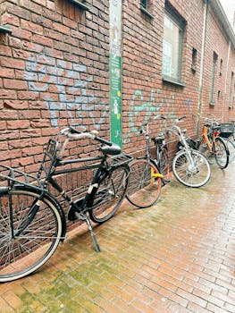 Bicycles parked along a graffiti-covered brick wall on a rainy day in Amsterdam, Netherlands.