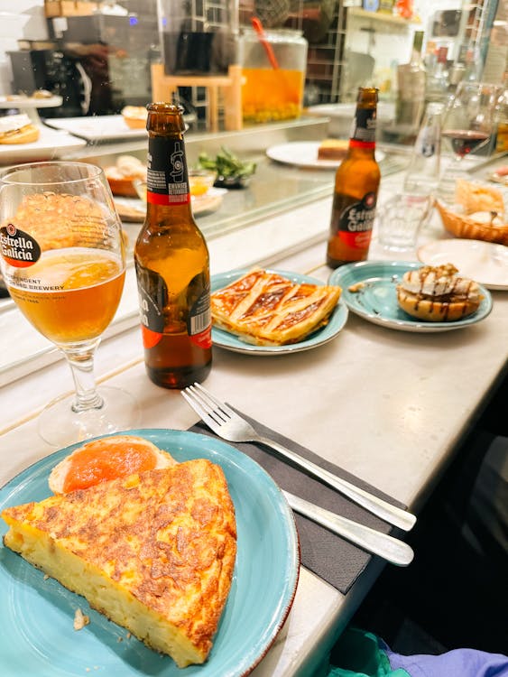 Food and Beer on Table 