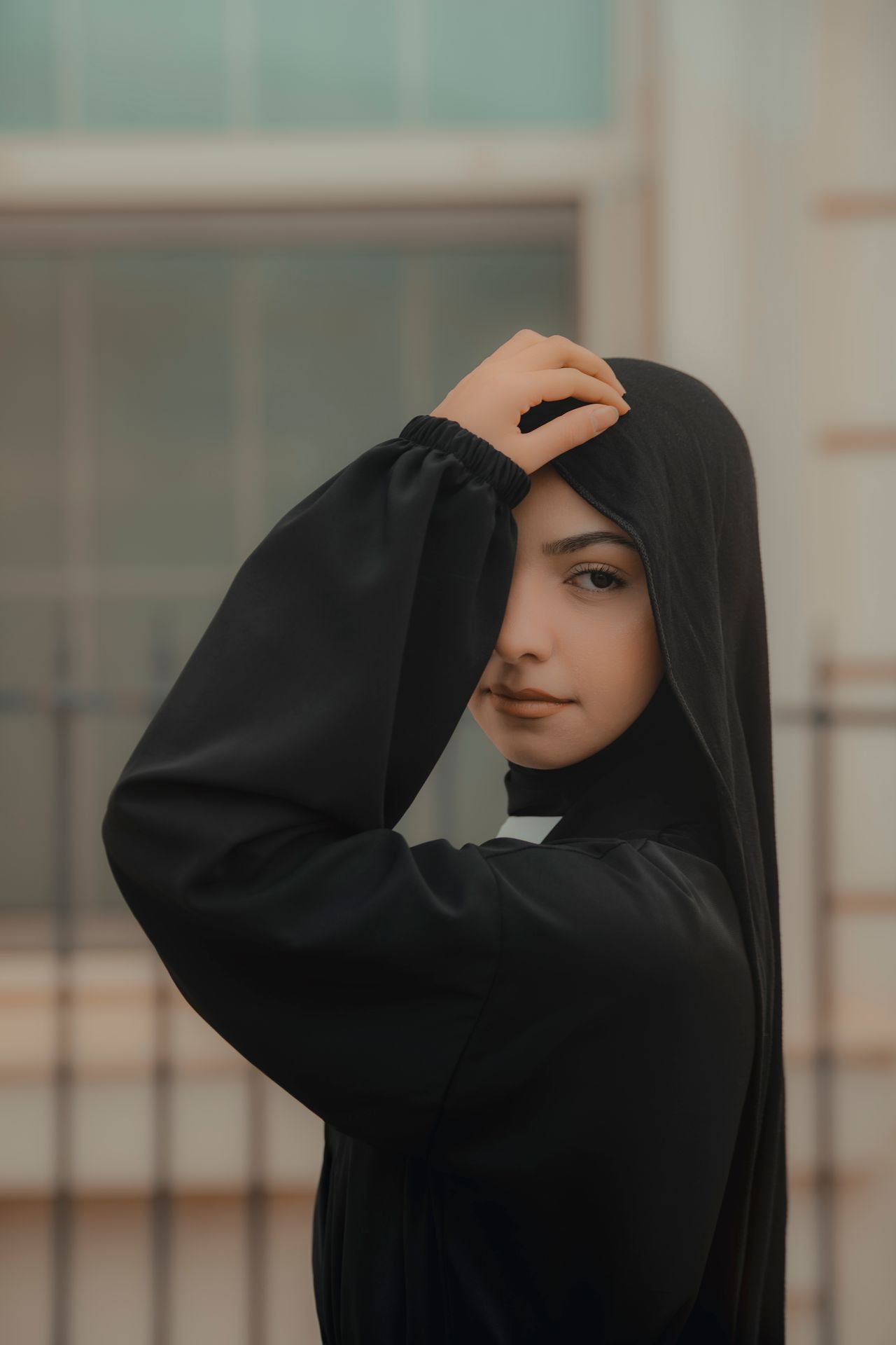 Monochrome all black maxi coat and hijab modest winter outfit