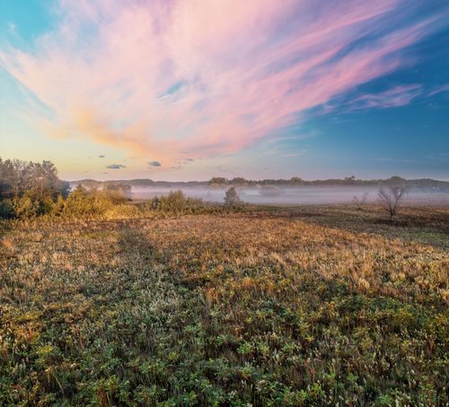 Free Tranquil West Newton landscape featuring misty fields and colorful sunset skies. Stock Photo