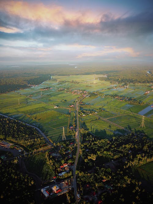 Aerial View of Agricultural Landscape in the Countryside at Sunset