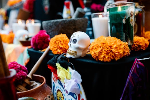 Colorful traditional ofrenda for Dia de los Muertos featuring candles, skull, and marigolds.