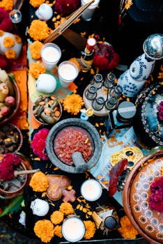 Vibrant Day of the Dead altar with traditional decorations and offerings in Guadalajara, Mexico.