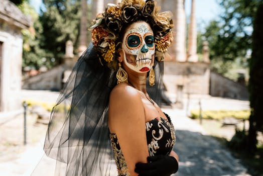 A woman with skull makeup and floral headpiece celebrates Day of the Dead in Guadalajara.