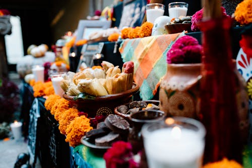 Candles and Offerings on the Day of the Dead Ofrenda Altar