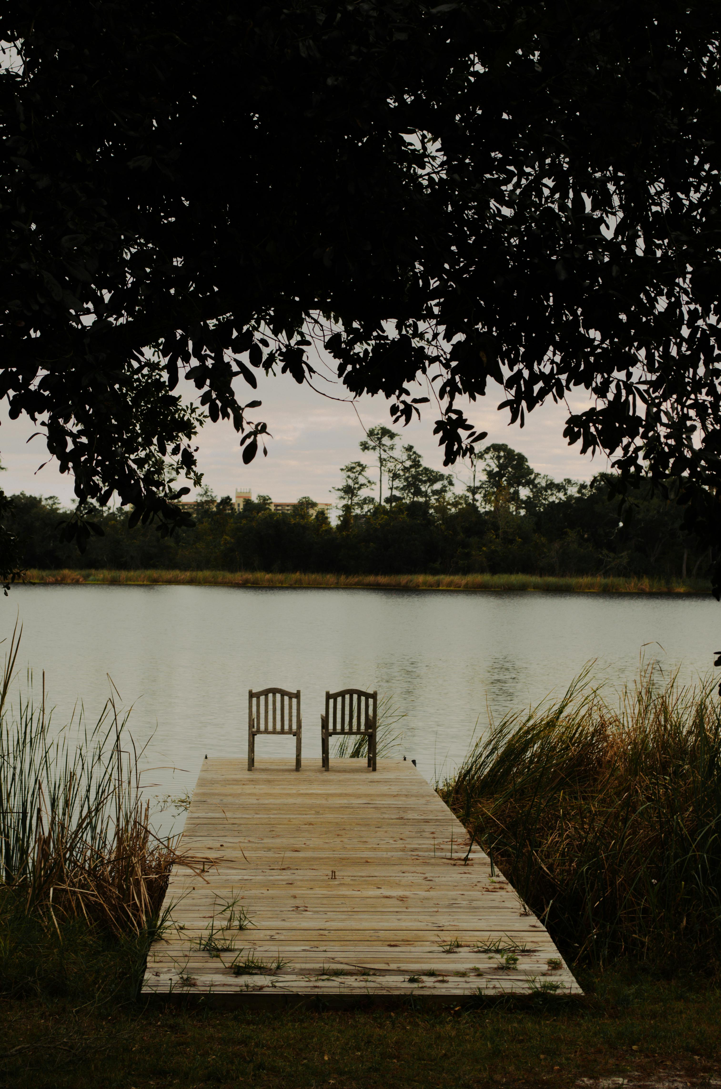 Peaceful scene of wooden chairs on a pier facing a calm lake surrounded by nature.