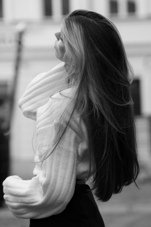 Long Hair of Model in Black and White