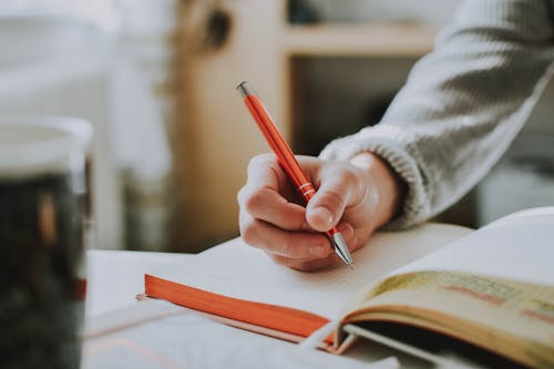 Free Person Holding Orange Pen Stock Photo