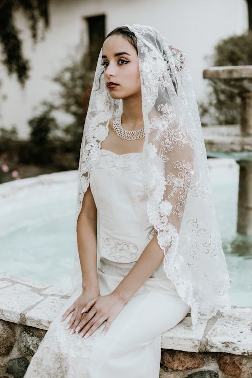 Brunette in Wedding Dress and Veil