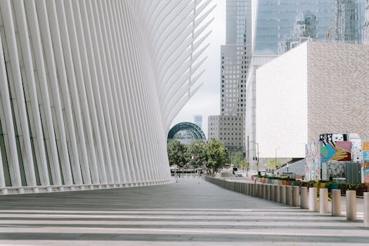 Stunning view of the Oculus and surrounding skyscrapers in downtown New York City.