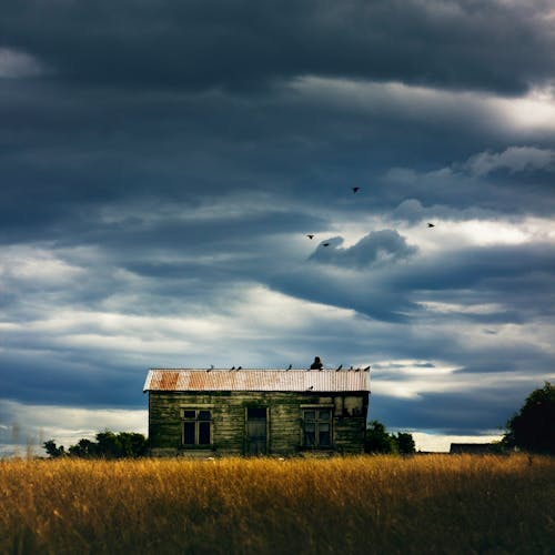 A Wooden Abandoned Barn in the Countryside under Dark Clouds 
