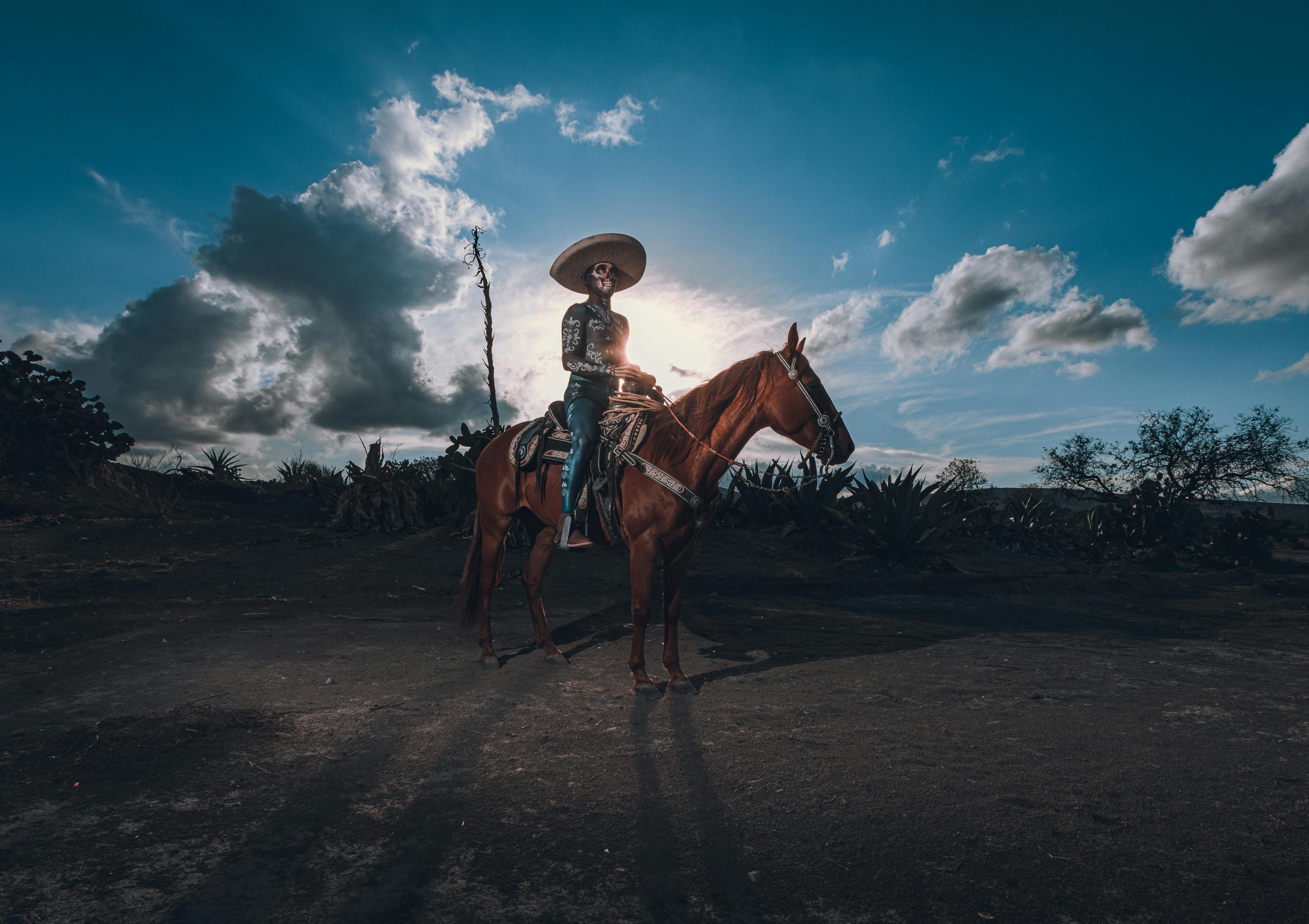 Man in Hat and Dia de Muertos Costume on Horse · Free Stock Photo