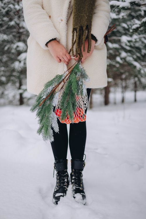 Free Woman in winter coat holding pine branches and tangerines outdoors in snowy forest. Stock Photo