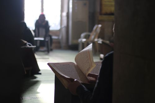 Free A person reading a book inside a serene mosque setting in Idlib, Syria. Stock Photo