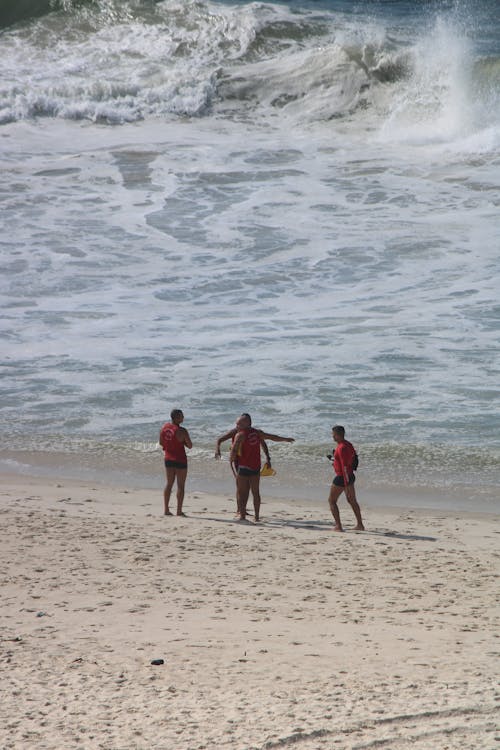 Aerial View of a Group of Lifeguards Standing on a Beach 