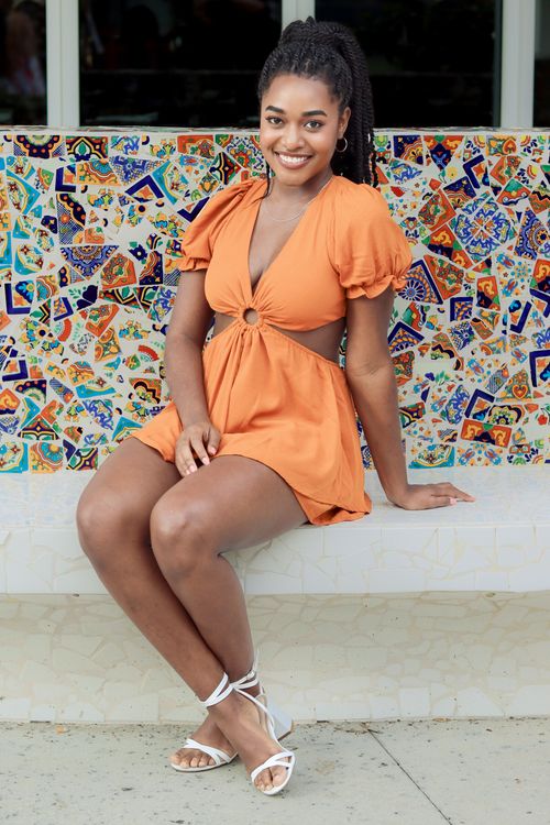 Smiling Woman in Orange Short Dress and White Heels Free Stock Photo Smiling Woman in Orange Short Dress and White Heels Free Stock Photo