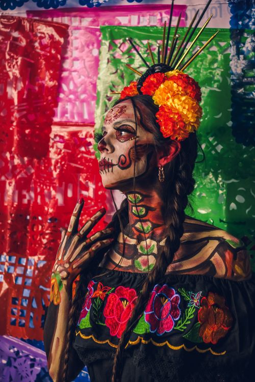 Free Colorful Day of the Dead portrait of a woman with painted face, braided hair, and floral headdress on vibrant background. Stock Photo