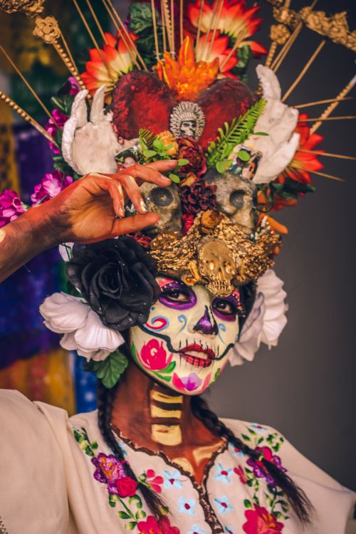 Free Colorful portrait of a woman in Day of the Dead makeup with elaborate floral headpiece. Stock Photo