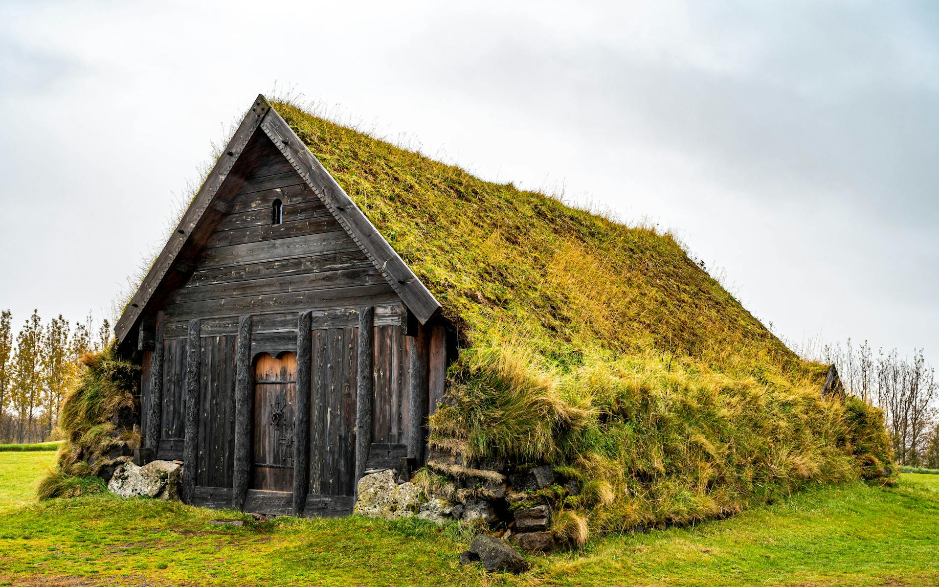 Moss Covered Viking Building in Skalholt Historical Site of Iceland