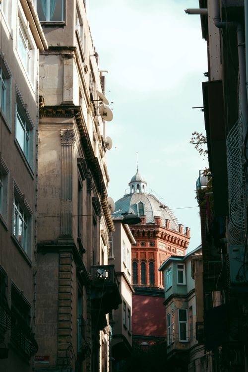 Free Historic Phanar Greek Orthodox College seen through narrow city streets of Istanbul. Stock Photo