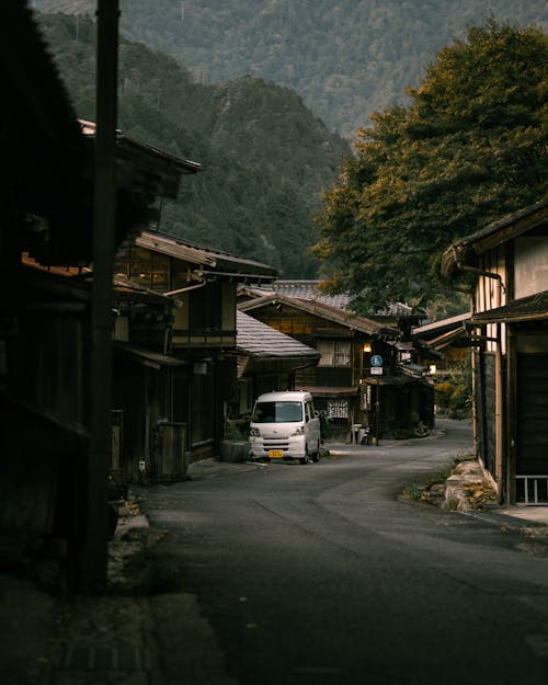 Kei Car on Narrow Street of Post Town Tsumago-Juku a Nationally Designated Architectural Preservation Site in Nagiso Japan